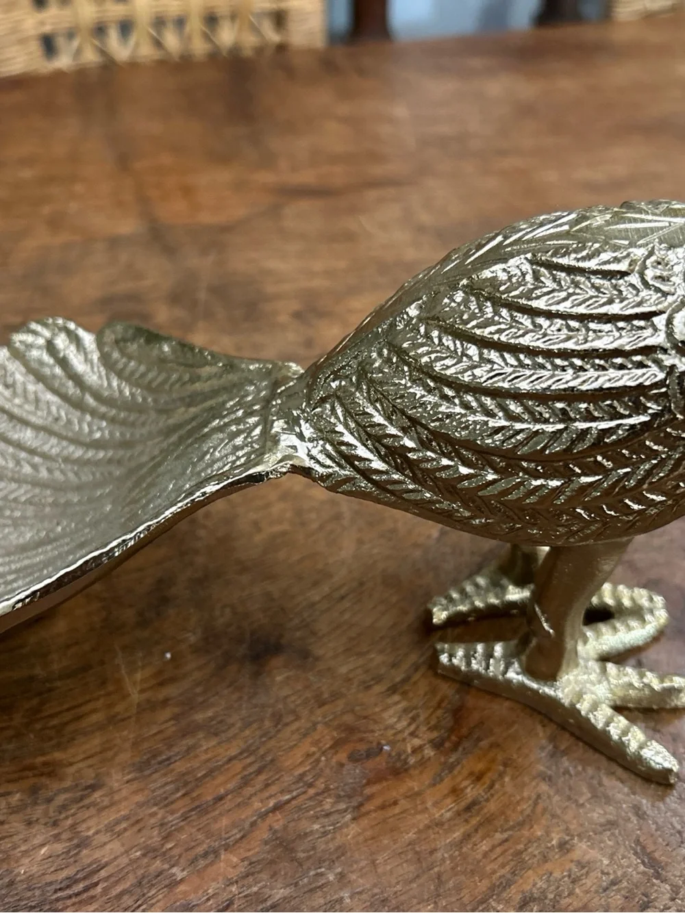 Vintage Gold Brass Peacock Trinket Dish MCM Jewelry Holder, 10x8.5x5 Inches